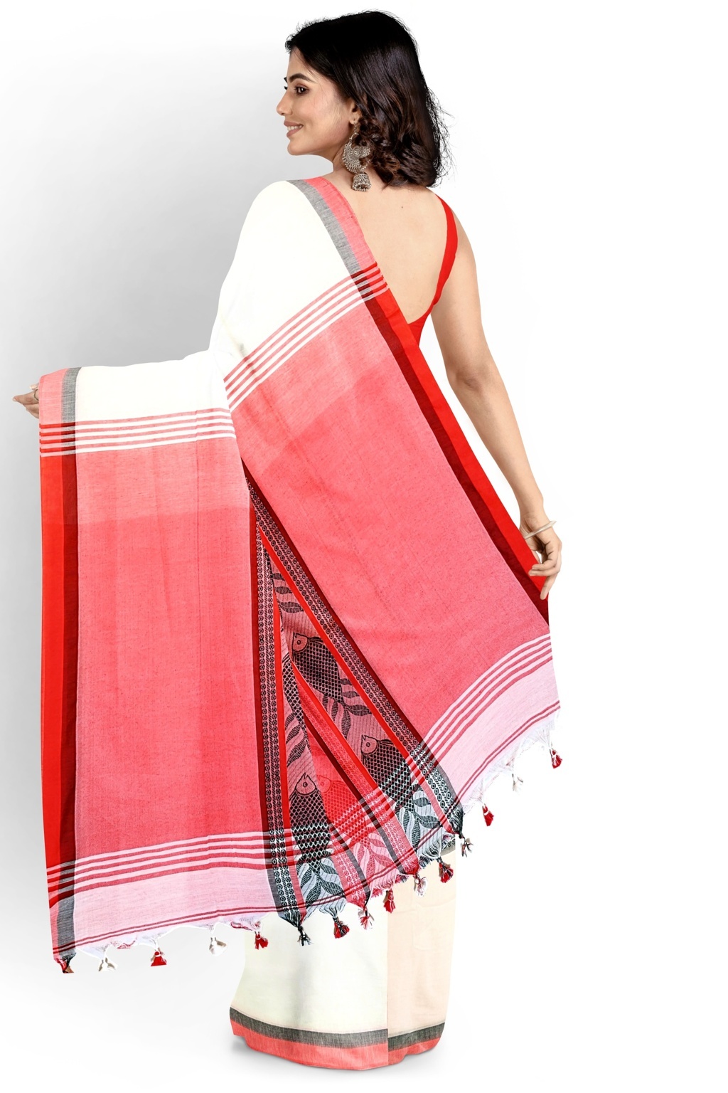 White Red Pure Cotton Marine Hand Loom Saree (1277)